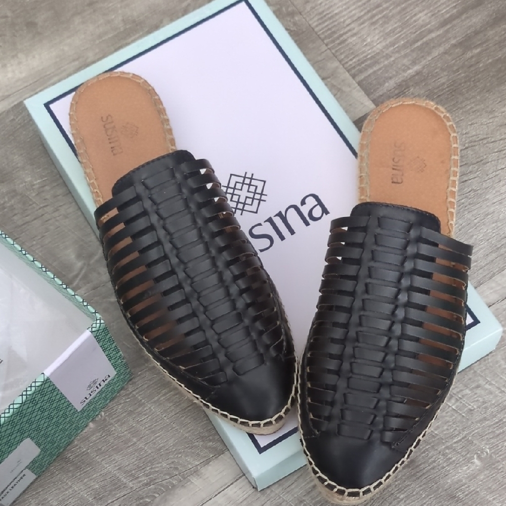 Susina Black Woven Leather Mules
